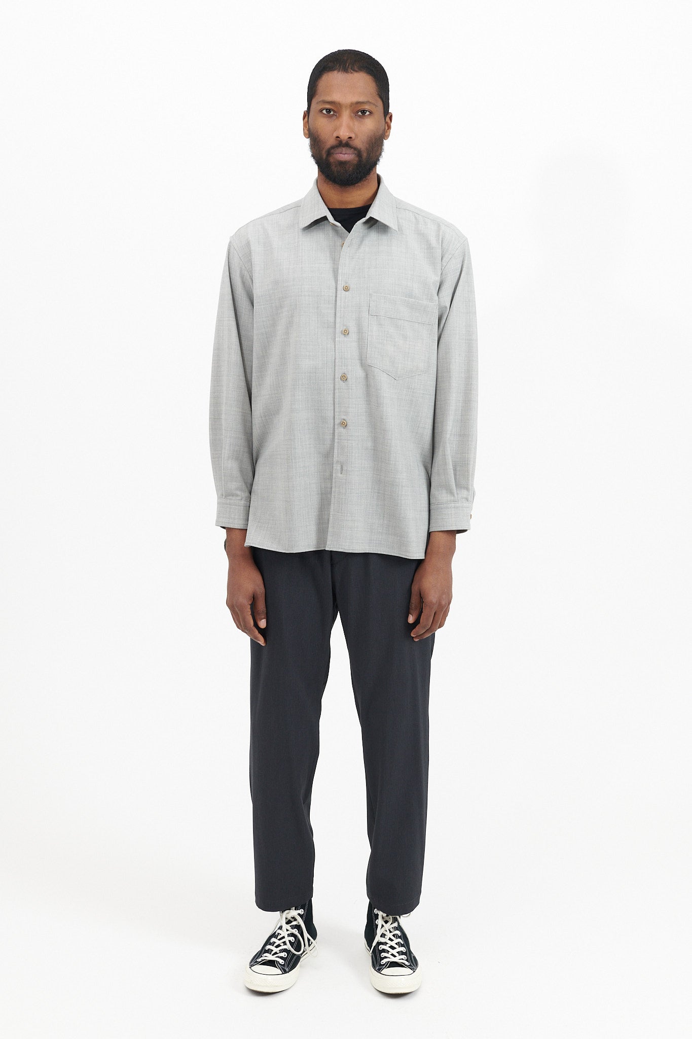 Regular Collar Long Shirt Wool Pe Stretch - Light Grey